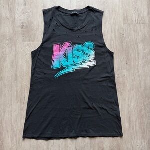 Zutter USA Distressed Black Sleeveless KISS Band Logo Graphic Tee 100% Cotton